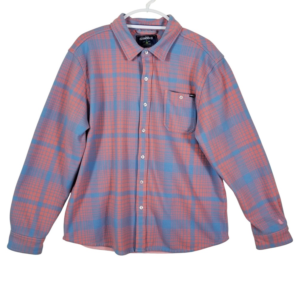 Chubbies Men Sz L ‎ Flannel Shirt Blue Coral Pink Plaid Long Sleeve Button Up